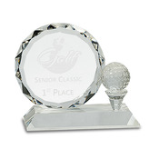 CRY161 - 5 1/4" Round Facet Crystal with Golf Ball on Clear Pedestal Base