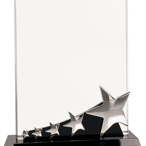 CRY140 - 8" Rectangle Crystal with Silver Stars on Black Pedestal Base Thumbnail